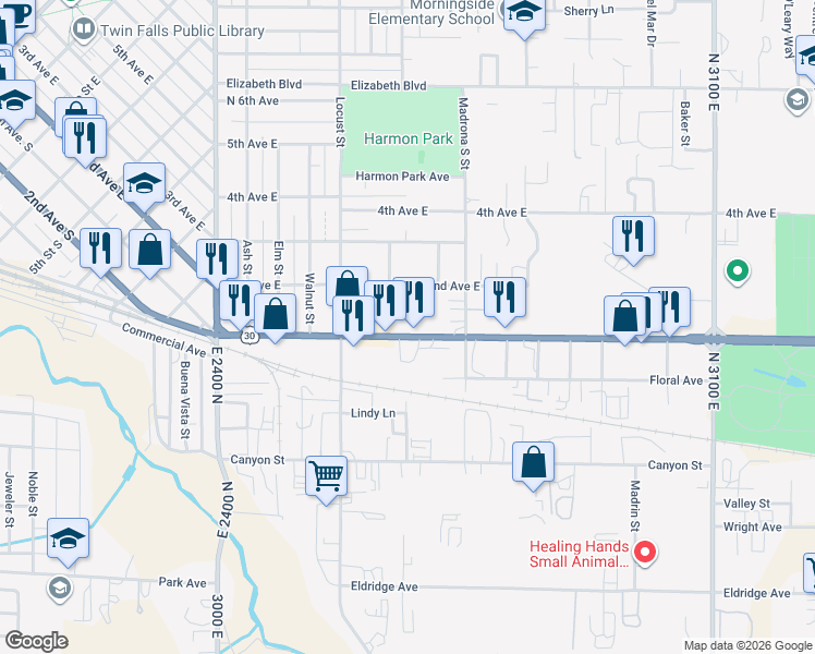 map of restaurants, bars, coffee shops, grocery stores, and more near 1605 Kimberly Road in Twin Falls