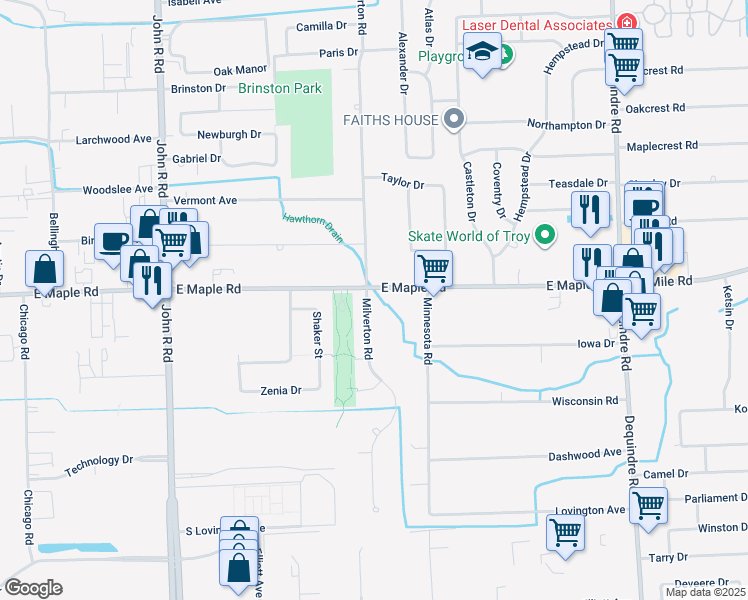 map of restaurants, bars, coffee shops, grocery stores, and more near 1448 Milverton Drive in Troy