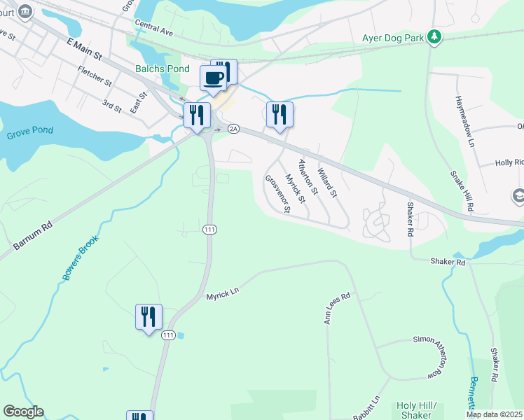 map of restaurants, bars, coffee shops, grocery stores, and more near 53 Willard Street in Ayer