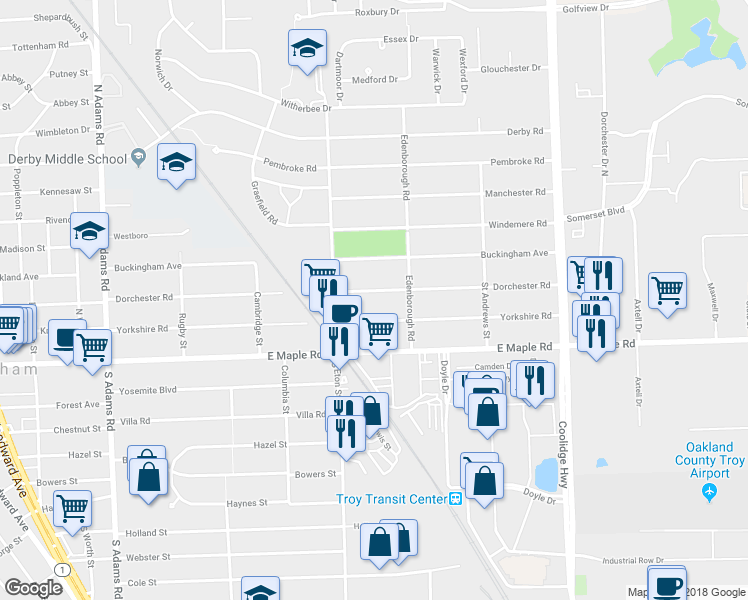 map of restaurants, bars, coffee shops, grocery stores, and more near 2136 Dorchester Road in Birmingham