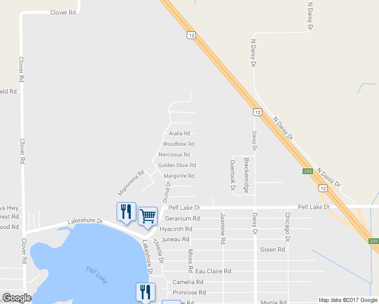 map of restaurants, bars, coffee shops, grocery stores, and more near W1012 Narcissus Road in Genoa City