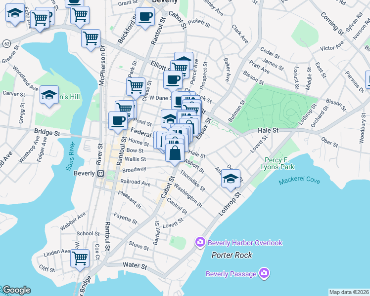 map of restaurants, bars, coffee shops, grocery stores, and more near 231 Cabot Street in Beverly