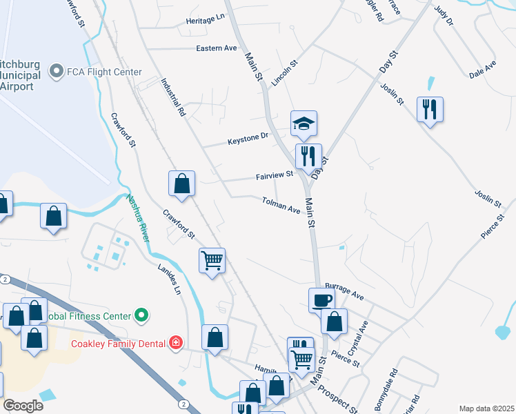 map of restaurants, bars, coffee shops, grocery stores, and more near 74 Tolman Avenue in Leominster
