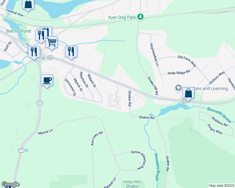 map of restaurants, bars, coffee shops, grocery stores, and more near 55 Littleton Road in Ayer