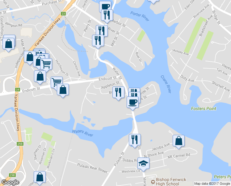 map of restaurants, bars, coffee shops, grocery stores, and more near 11 Rainbow Terrace in Danvers