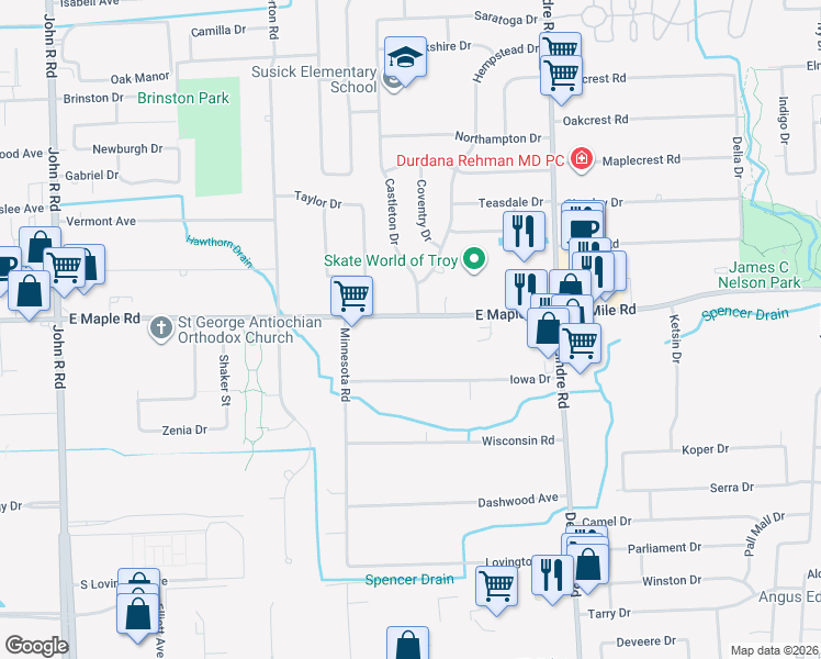 map of restaurants, bars, coffee shops, grocery stores, and more near 2720 East Maple Road in Troy
