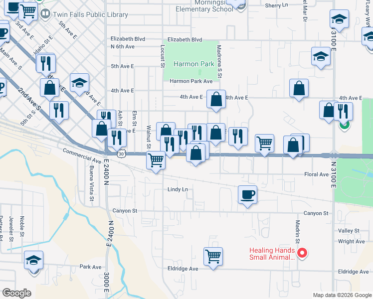 map of restaurants, bars, coffee shops, grocery stores, and more near 1605 Kimberly Road in Twin Falls