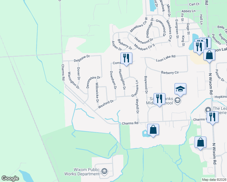 map of restaurants, bars, coffee shops, grocery stores, and more near 1875 Downham Drive in Wixom