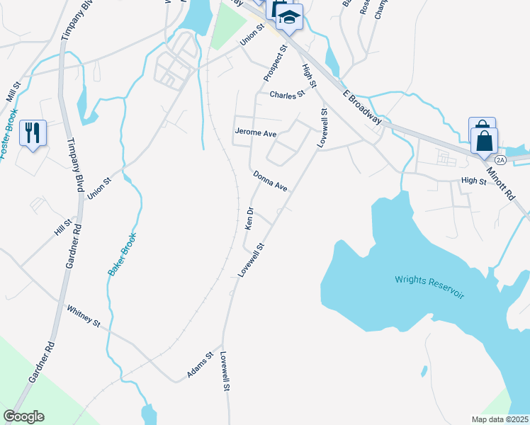 map of restaurants, bars, coffee shops, grocery stores, and more near 16 Laurel Street in Gardner