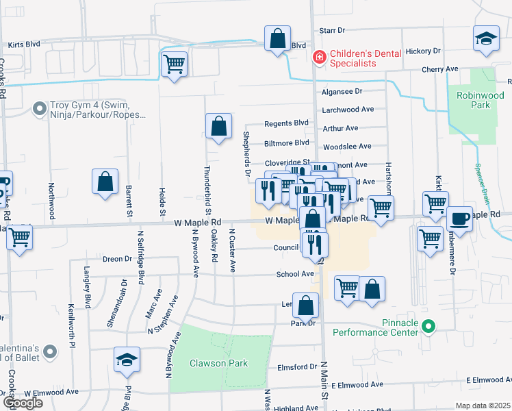 map of restaurants, bars, coffee shops, grocery stores, and more near 244 W Maple Rd in Troy