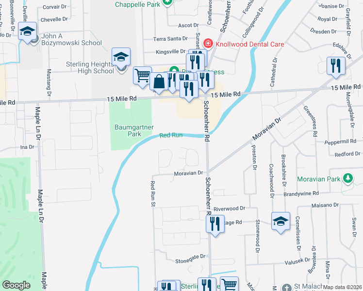 map of restaurants, bars, coffee shops, grocery stores, and more near 34206 Birchway Circle in Sterling Heights
