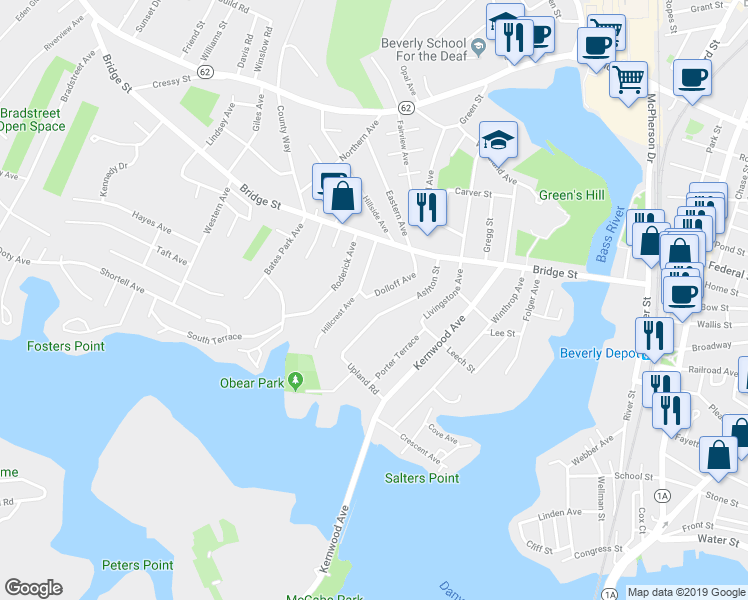 map of restaurants, bars, coffee shops, grocery stores, and more near 32 Dolloff Avenue in Beverly