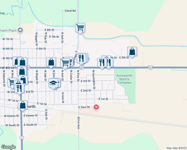 map of restaurants, bars, coffee shops, grocery stores, and more near 1000 East Plainsman Drive in Ainsworth
