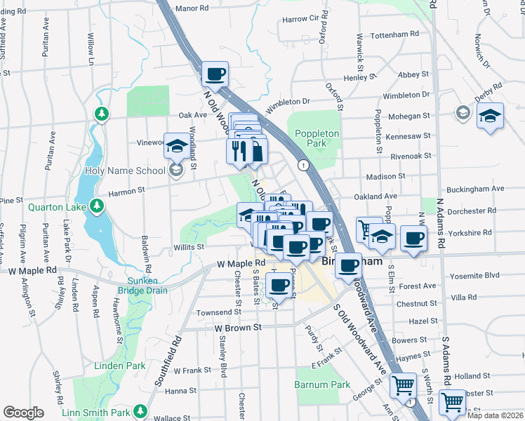 map of restaurants, bars, coffee shops, grocery stores, and more near 377 North Old Woodward Avenue in Birmingham