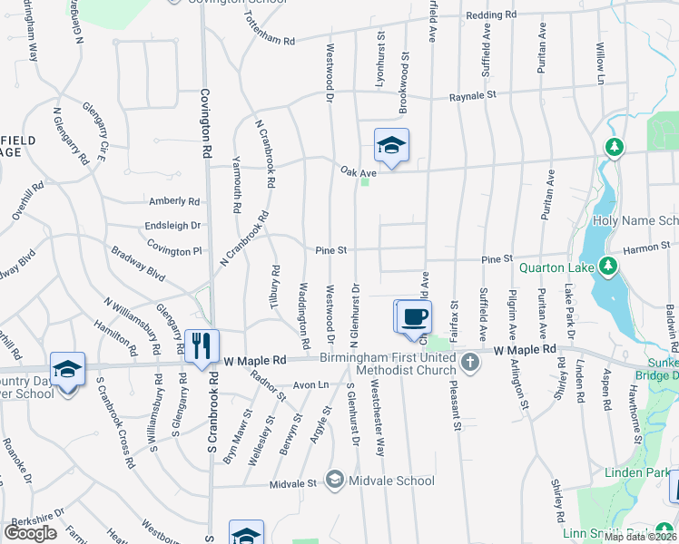 map of restaurants, bars, coffee shops, grocery stores, and more near 400 Westwood Drive in Bloomfield Hills