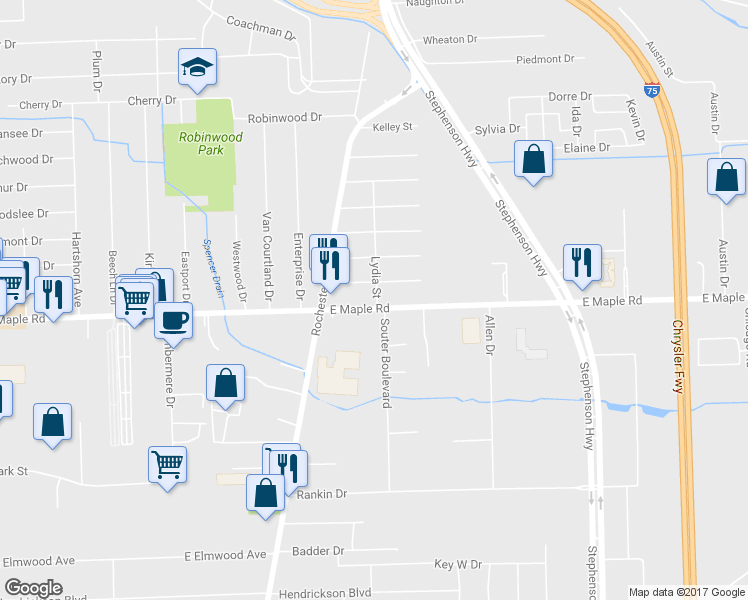 map of restaurants, bars, coffee shops, grocery stores, and more near 1095 East Maple Road in Troy