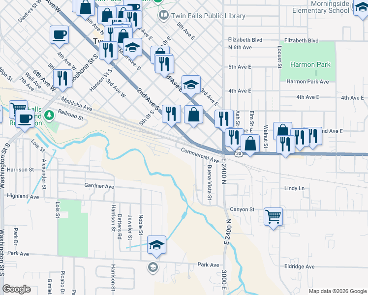 map of restaurants, bars, coffee shops, grocery stores, and more near 729 Commercial Avenue in Twin Falls