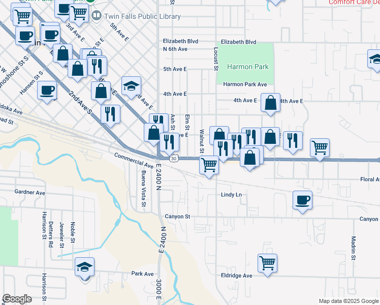 map of restaurants, bars, coffee shops, grocery stores, and more near 112 Elm Street in Twin Falls