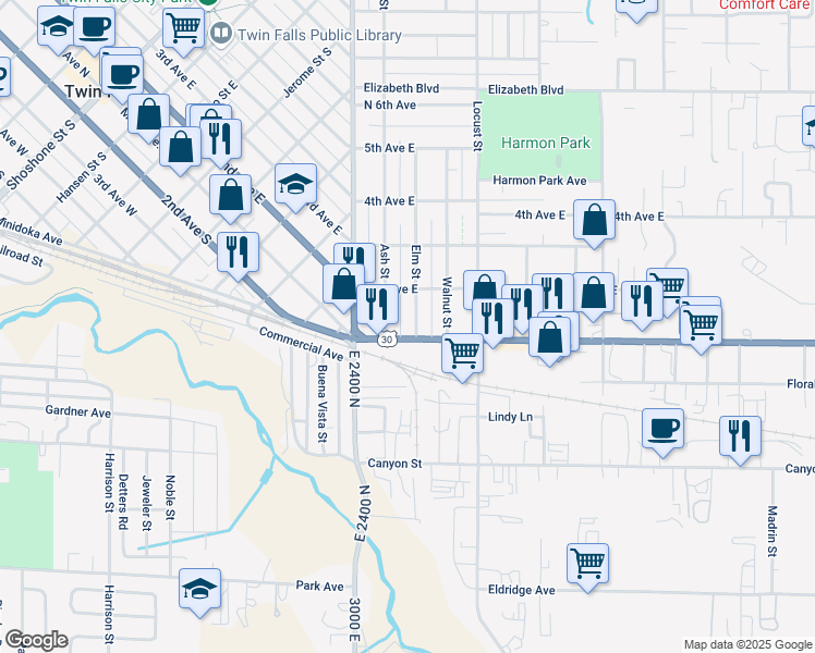 map of restaurants, bars, coffee shops, grocery stores, and more near 112 Elm Street in Twin Falls