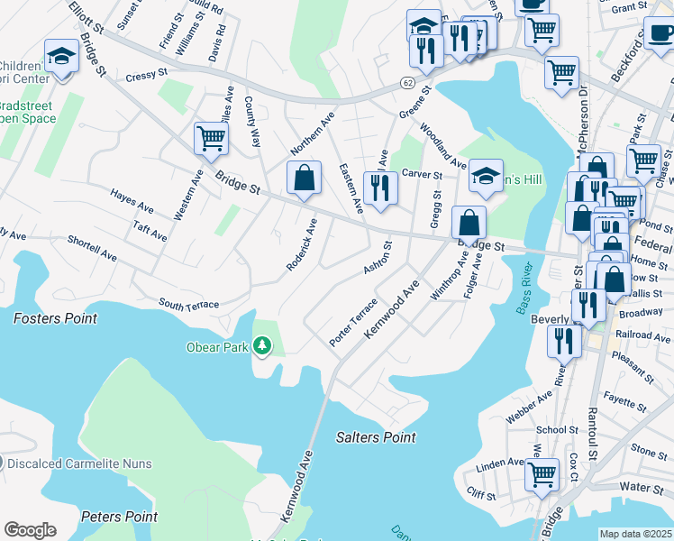 map of restaurants, bars, coffee shops, grocery stores, and more near 32 Dolloff Avenue in Beverly
