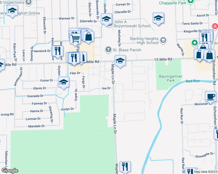 map of restaurants, bars, coffee shops, grocery stores, and more near 12023 Ina Drive in Sterling Heights