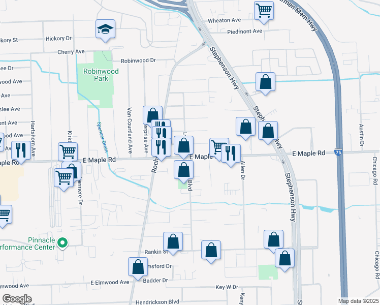 map of restaurants, bars, coffee shops, grocery stores, and more near 1095 East Maple Road in Troy