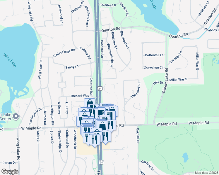 map of restaurants, bars, coffee shops, grocery stores, and more near 4085 Cranbrook Court in Bloomfield Hills