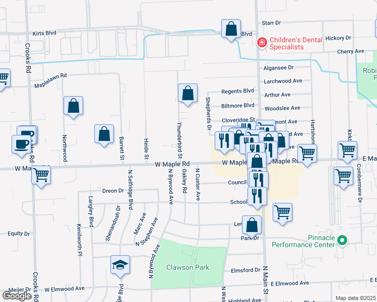 map of restaurants, bars, coffee shops, grocery stores, and more near 366 W Maple Rd in Troy