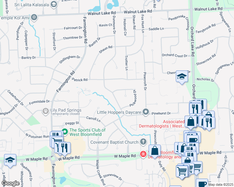 map of restaurants, bars, coffee shops, grocery stores, and more near 6081 Dunmore Drive in West Bloomfield Township