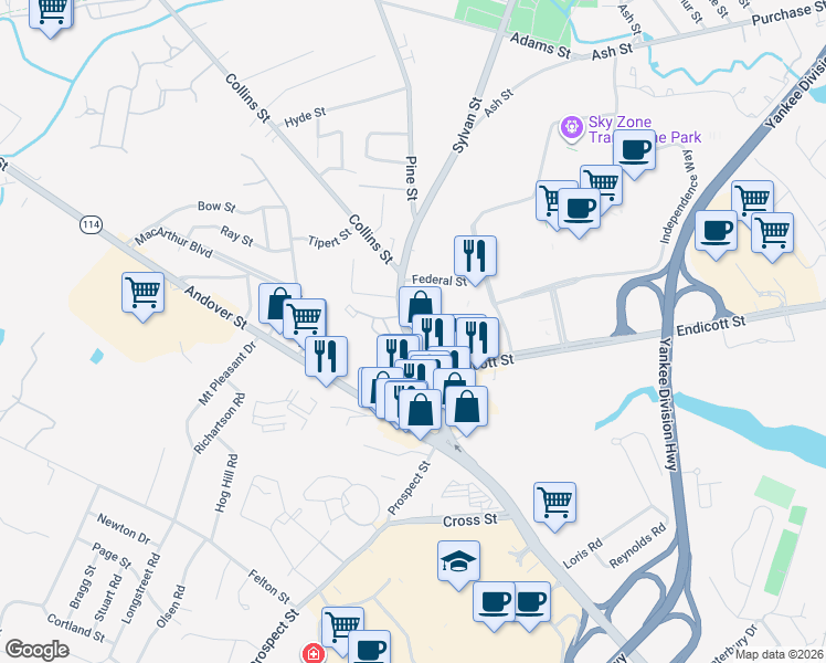 map of restaurants, bars, coffee shops, grocery stores, and more near 149 Sylvan Street in Danvers