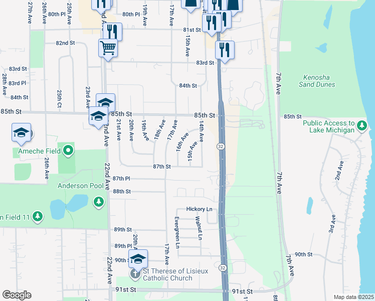 map of restaurants, bars, coffee shops, grocery stores, and more near 8618 15th Avenue in Kenosha