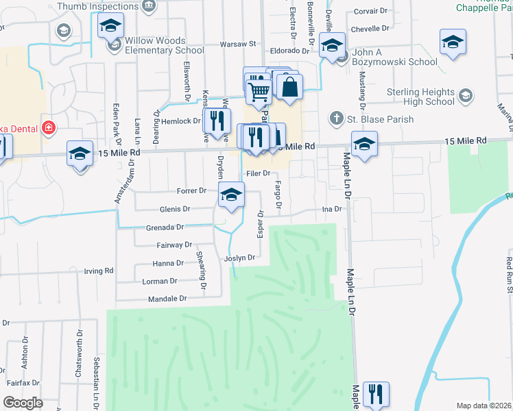 map of restaurants, bars, coffee shops, grocery stores, and more near 34665 Esper Drive in Sterling Heights