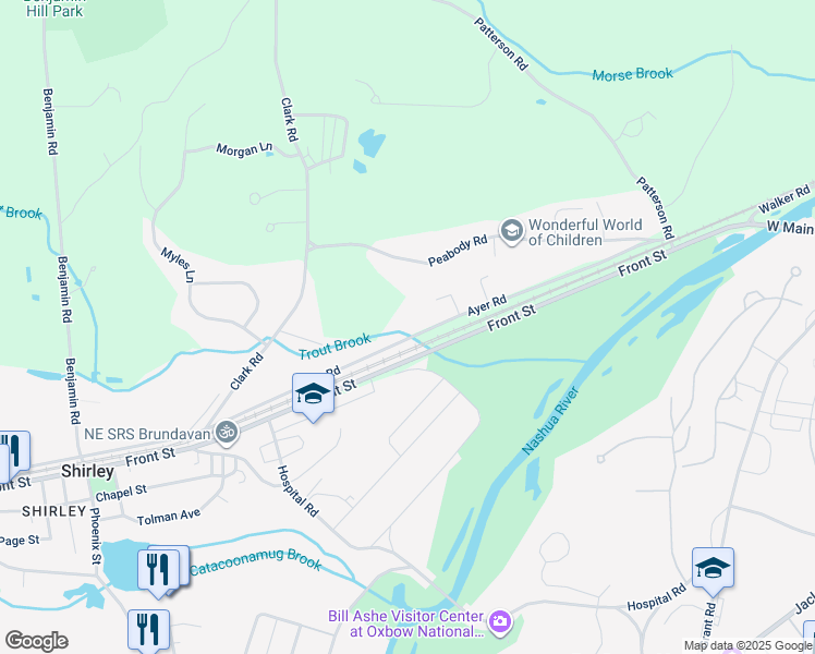 map of restaurants, bars, coffee shops, grocery stores, and more near 152 Ayer Road in Shirley
