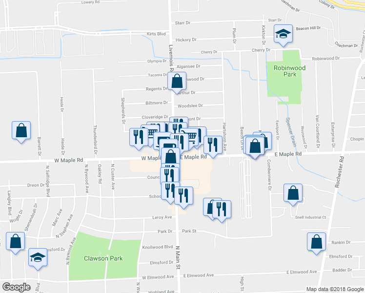 map of restaurants, bars, coffee shops, grocery stores, and more near 26 Chopin Street in Troy