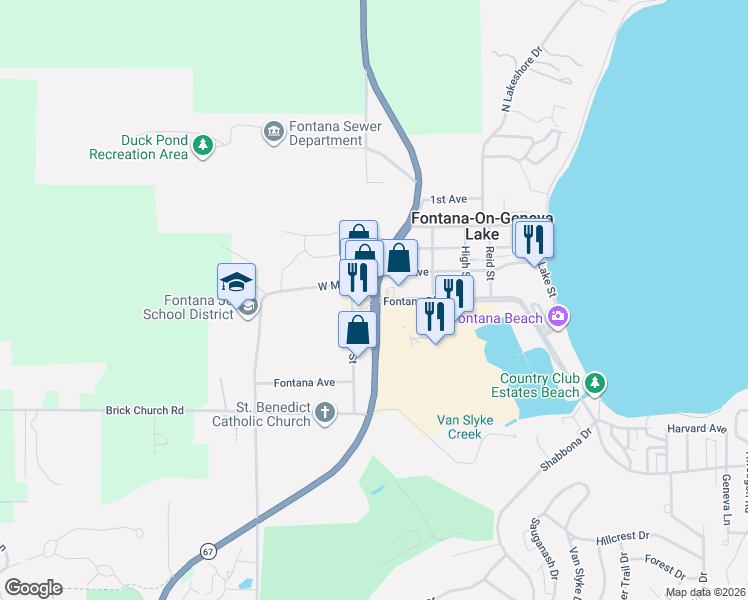 map of restaurants, bars, coffee shops, grocery stores, and more near Wisconsin 67 in Fontana-on-Geneva Lake
