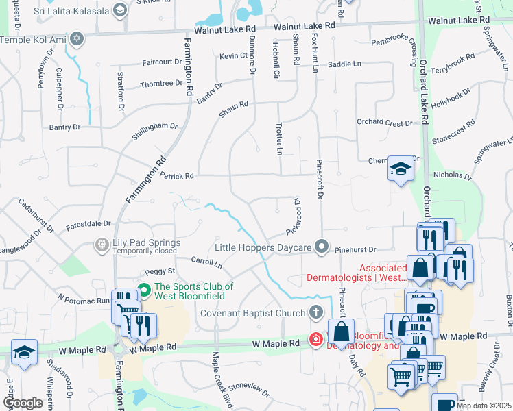 map of restaurants, bars, coffee shops, grocery stores, and more near 6081 Dunmore Drive in West Bloomfield Township