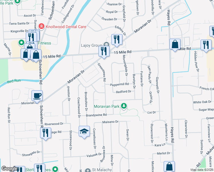 map of restaurants, bars, coffee shops, grocery stores, and more near 34347 Peppermil Court in Sterling Heights