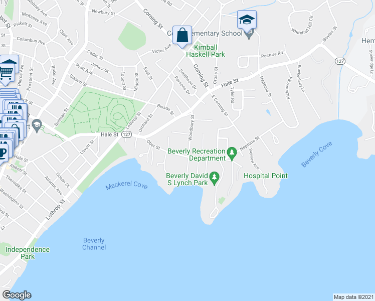 map of restaurants, bars, coffee shops, grocery stores, and more near 29 Woodbury Street in Beverly