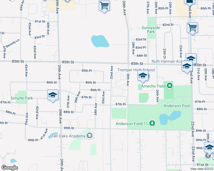 map of restaurants, bars, coffee shops, grocery stores, and more near 3215 86th Street in Kenosha