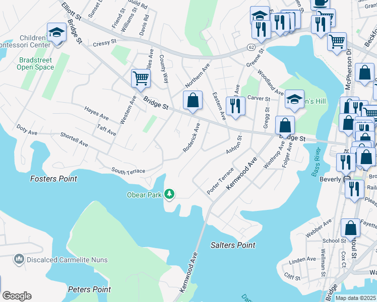 map of restaurants, bars, coffee shops, grocery stores, and more near 20 Roderick Avenue in Beverly