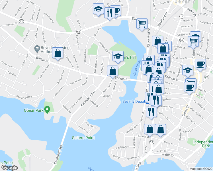map of restaurants, bars, coffee shops, grocery stores, and more near 11 1/2 Winthrop Avenue in Beverly
