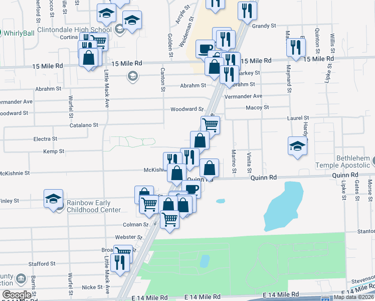 map of restaurants, bars, coffee shops, grocery stores, and more near 34470 South Gratiot Avenue in Clinton Township