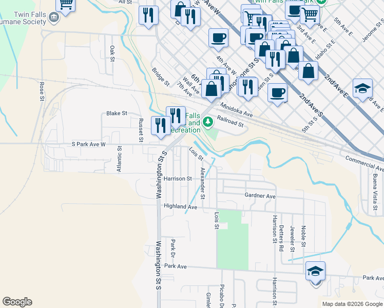 map of restaurants, bars, coffee shops, grocery stores, and more near 119 Sidney St in Twin Falls