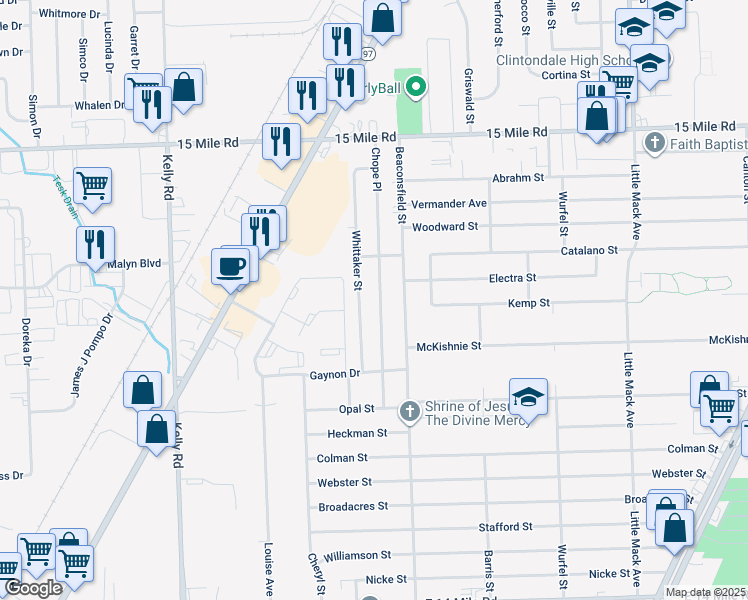 map of restaurants, bars, coffee shops, grocery stores, and more near 34265 Chope Place in Macomb County