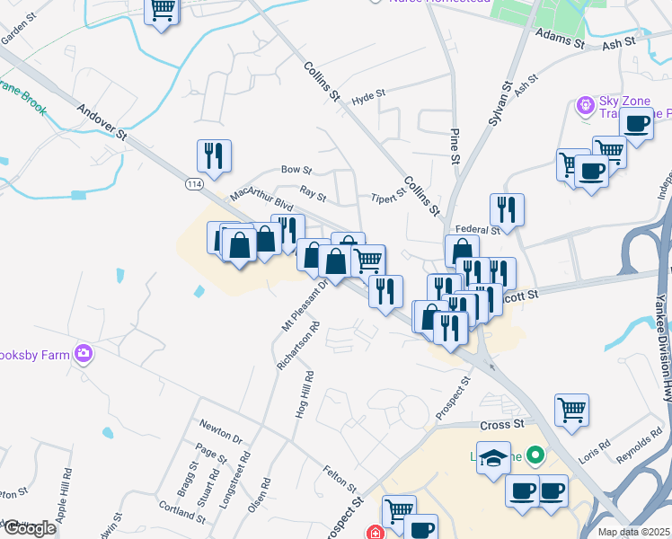 map of restaurants, bars, coffee shops, grocery stores, and more near 1 Gates Road in Peabody
