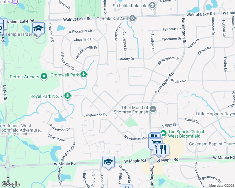 map of restaurants, bars, coffee shops, grocery stores, and more near 5144 Langlewood Court in West Bloomfield Township