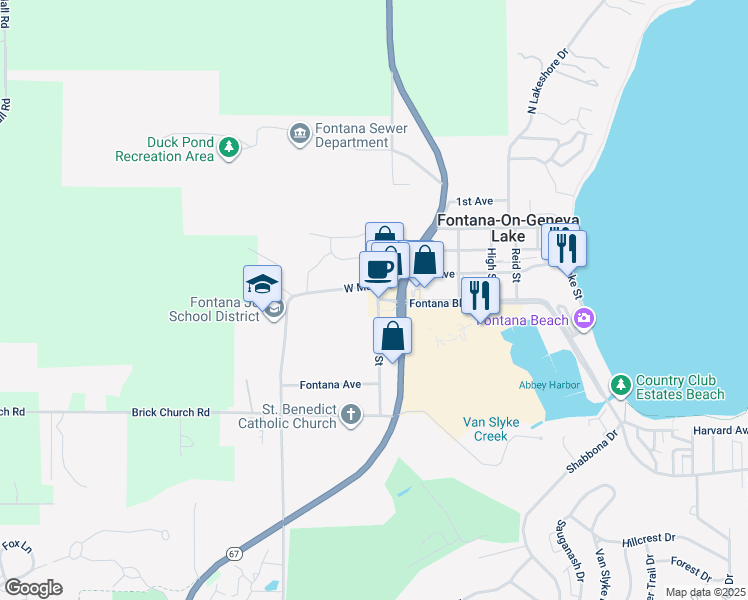 map of restaurants, bars, coffee shops, grocery stores, and more near 457 Mill Street in Fontana-on-Geneva Lake