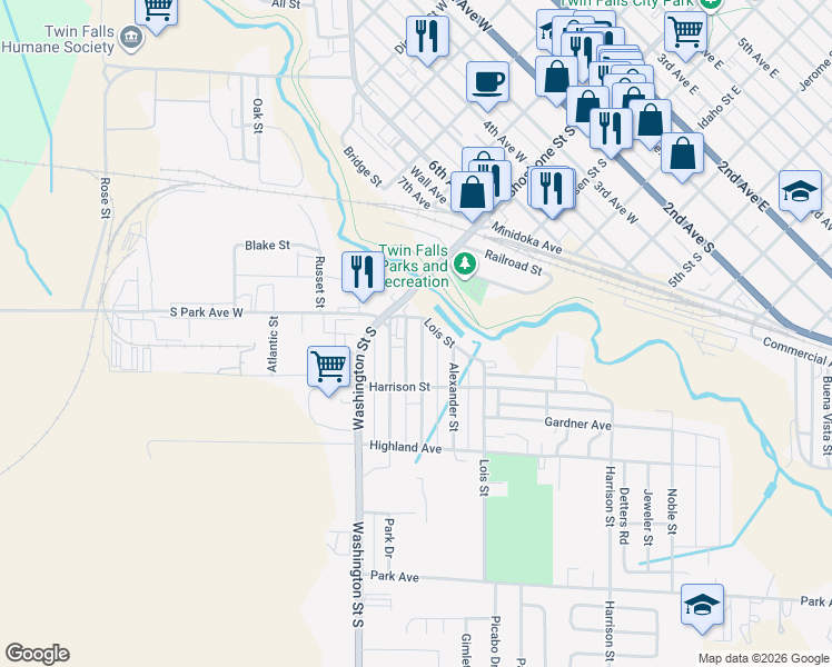 map of restaurants, bars, coffee shops, grocery stores, and more near 119 Sidney Street in Twin Falls