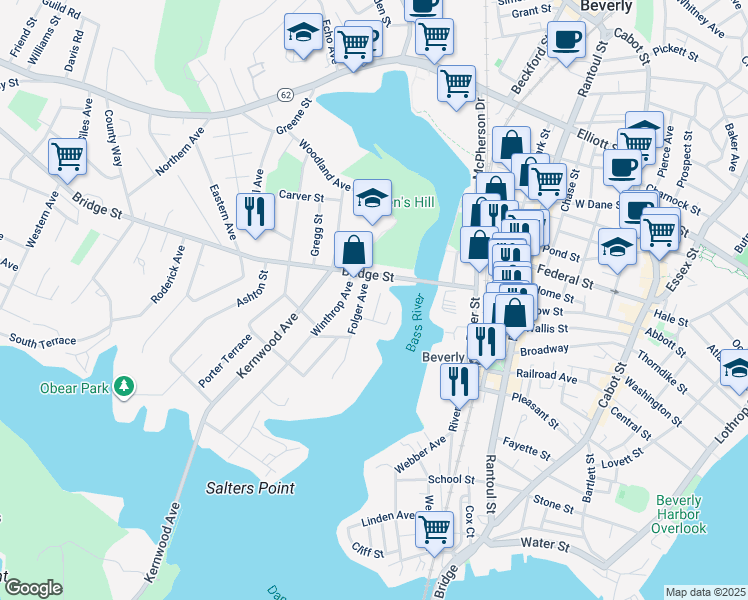 map of restaurants, bars, coffee shops, grocery stores, and more near 6 Bass Street in Beverly