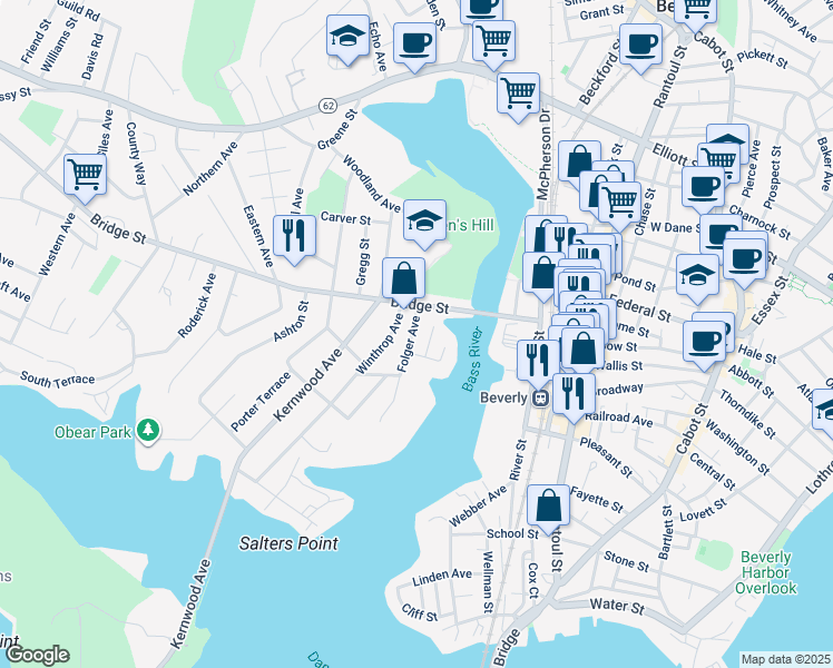 map of restaurants, bars, coffee shops, grocery stores, and more near 6 Bass Street in Beverly
